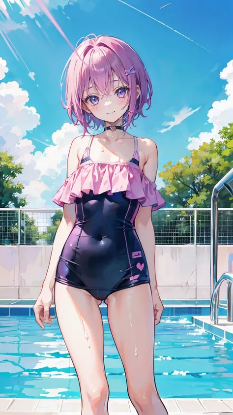 Pink Hair，Purple Eyes，short hair，Little sister head，Black hairpin，girl，Lovely，Smiling expression，Happy and happy expression，Navy blue swimsuit，Wet on the body，whole body，Standing in the pool，Dont show your arms，The background is a swimming pool，Blue sky an...