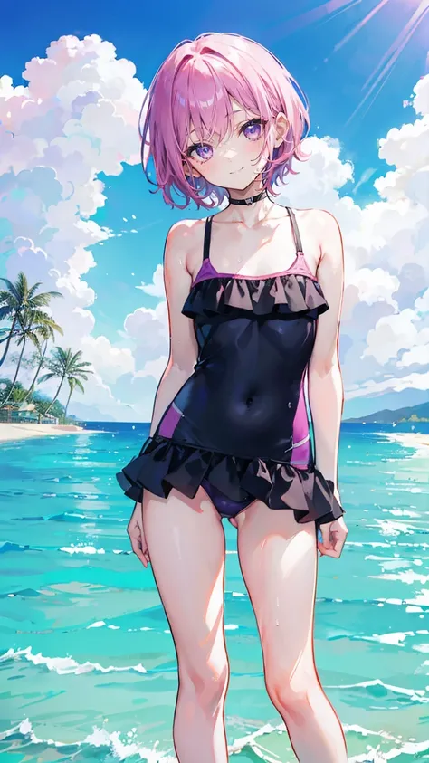 Pink Hair，Purple Eyes，short hair，Little sister head，Black hairpin，girl，Lovely，Smiling expression，Happy and happy expression，Navy blue swimsuit，Wet on the body，whole body，Standing in the pool，Dont show your arms，Background is beach，Hawaii，Blue sky and white...