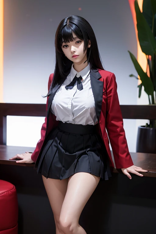 sit in tropical rainforest , steam , waistband of skirt is at the point above chest , Tight shirt , white Shirt , school girl , skirt under breasts , skirt is near breasts area , skirt is adjacent to the chest , jabami yumeko, black hair, long hair, blunt ...