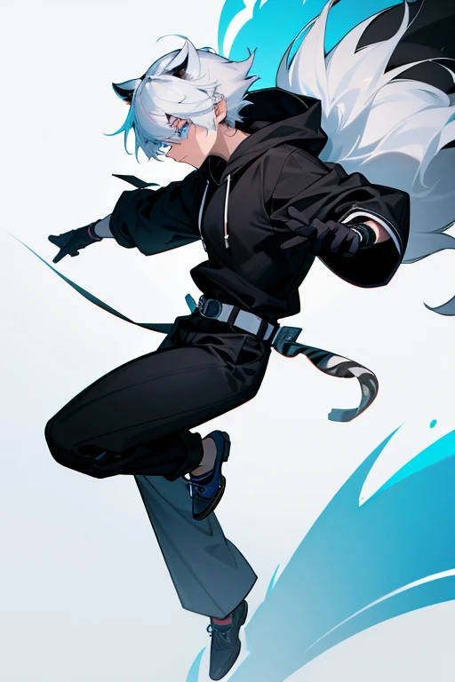 12 year old boy, white hair, sky blue eyes, full body, black hood, blaxk hoodie, black trouser, black shoes, black gloves, white tiger belt, guardian aura, white tiger Spirit,