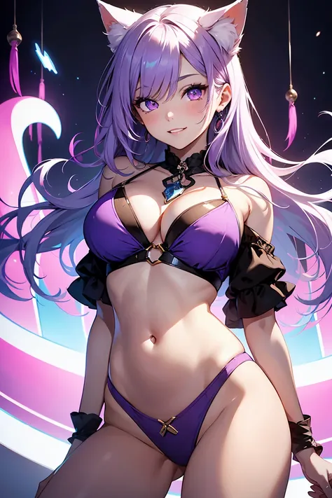 ((1 girl)), Swimwear, Belly button exposed, ネオンカラーのSwimwear, Cat ear, Peek into, bell, Psychedelic fashion, Cowboy Shot,((Very detailed,highest quality, High resolution, 8k wallpaper, Beautiful clothes,)),((Light purple hair, Shortcuts,)) , (Purple eyes), ...