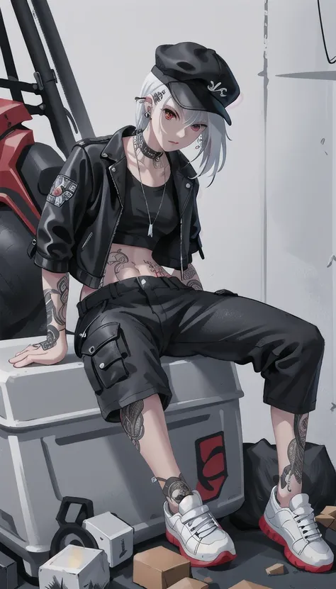 A bully woman sitting on a pile of trash(White sneakers, black cargo pants, A crimson t-shirt that exposes the navel., black leather jacket, He wears a black cap, has silver hair and red eyes, and has many piercings and tattoos.)