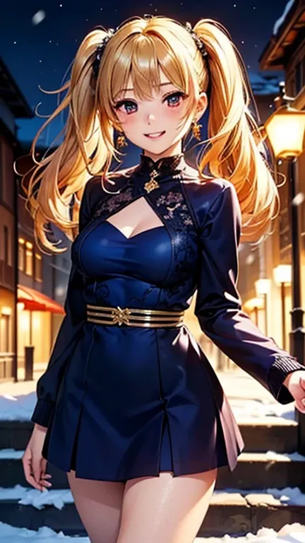 A girl is posing for a photo, cute女の子, Enchanting girl, 

(Blonde, Forehead, Wavy Hair, Twin tails), (Red eyes), 
(Navy blue gown coat:1.2, Pale yellow high neck sweater:1.2, Black high-waisted skirt:1.2)、Black choker、Red Gem Earrings、

(((highest quality)...