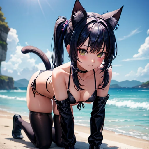 A girl with dark blue hair, cat ears and a tail, wearing a black bikini and racing pants　Loli body type　　Twin tails　Female genitalia is visible　On all fours　Detailed depiction of female genitalia　Flat Chest