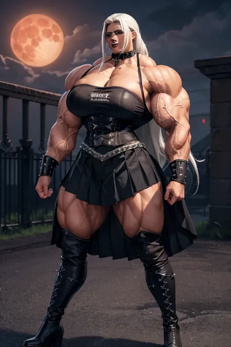 ((((Massive, tall, beautiful, buff, brown skinned muscular woman with white hair, black lipstick, ginormous bulky muscles, wearing a black gothic uniform with pleated gothic skirt)))), (close view), massive muscle, massive biceps, hyper muscle shoulders, g...