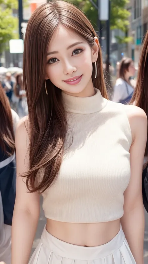 best quality、Natural lip shape、White skin、The light is very good、Beautiful Lights、((brown hair))、Take off the shoulders、Big rift、Crop Top、mini skirt、Gorgeous accessories、Harajuku、Smile、かわいいSmile、Crowd of people in the city