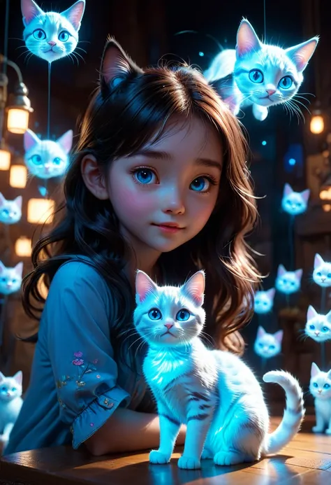 Girl with Cat, Hyperreal dof volumetric lighting, translucent cute girl playing with a (Translucent rough Blue Hologram  of a cat 1.3), podiform, dream-scape, in the style of Disney, pixar, Albert Joseph Penot, jj fu, + 36.5 mm f0 cinematic quality, 8K, tr...