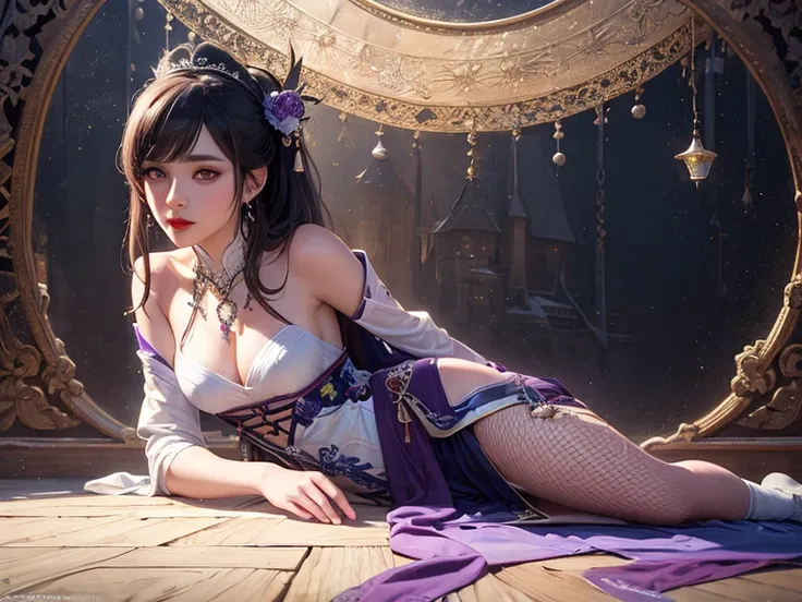 ((best quality)), ((masterpiece)), (detailed), Perfect face，Hanfu beauty, Thin purple silk shirt，White，Various textures, White蕾丝上衣, Platinum purple long ponytail, Hair accessories, earrings, Necklaces and necklaces, Carefully drawn large purple eyes, Detai...