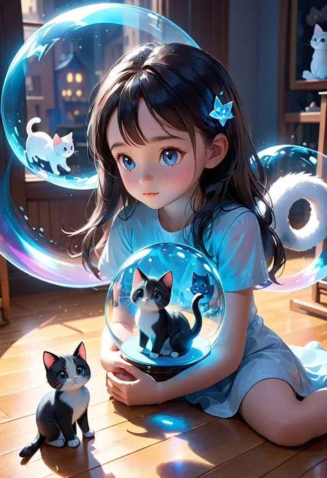 Girl with Cat, Hyperreal dof volumetric lighting, translucent cute girl playing with a (Translucent rough Blue Hologram  of a cat 1.3), podiform, dream-scape, in the style of Disney, pixar, Albert Joseph Penot, jj fu, + 36.5 mm f0 cinematic quality, 8K, tr...