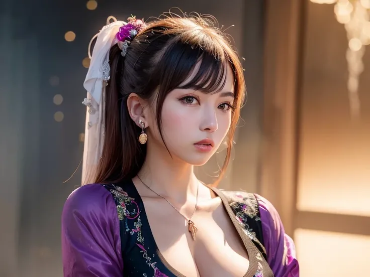 ((best quality)), ((masterpiece)), (detailed), Perfect face，Hanfu beauty, Thin purple silk shirt，White，Various textures, White蕾丝上衣, Platinum purple long ponytail, Hair accessories, earrings, Necklaces and necklaces, Carefully drawn large purple eyes, Detai...