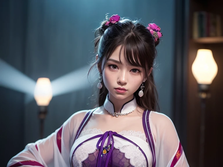 ((best quality)), ((masterpiece)), (detailed), Perfect face，Hanfu beauty, Thin purple silk shirt，White，Various textures, White蕾丝上衣, Platinum purple long ponytail, Hair accessories, earrings, Necklaces and necklaces, Carefully drawn large purple eyes, Detai...