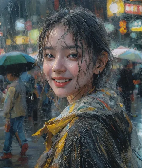 Smiling girl standing in the middle of a crowded street in the pouring rain, wet from the rain, detailed face, beautiful eyes and lips, super detailed pupils, realistic skin, ((wet hair, wet Clothes)), thin clothes that stick to the skin, raindrops, city b...