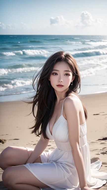 Woman sitting on the beach looking at the sea、Upper Body、Portrait、My hair is fluttering in the wind、highest quality、(Photorealistic:1.5)、Photogenic quality、highest quality、Ultra-high resolution、 (Photorealistic: 1.5)、 16K resolution