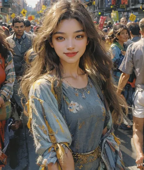 a smiling girl standing in the middle of a crowded street, detailed face, beautiful eyes, long eyelashes, detailed lips, detailed skin, long hair, colorful dress, (best quality,4k,8k,highres,masterpiece:1.2),ultra-detailed,(realistic,photorealistic,photo-r...