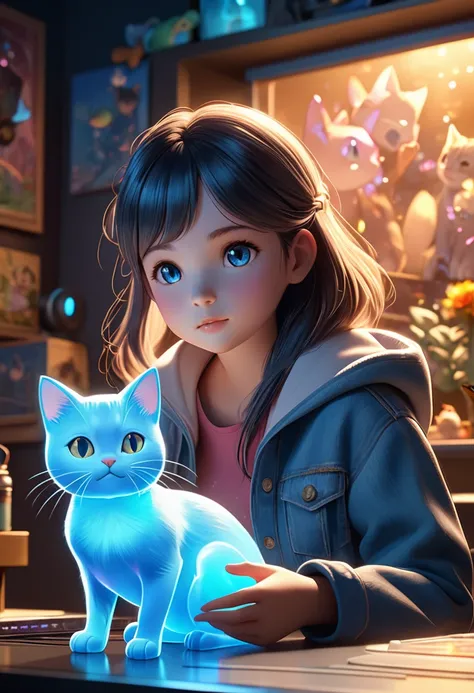 Girl with Cat, Hyperreal dof volumetric lighting, translucent cute girl playing with a (Translucent rough Blue Hologram  of a cat 1.3), podiform, dream-scape, in the style of Disney, pixar, Albert Joseph Penot, jj fu, + 36.5 mm f0 cinematic quality, 8K, tr...