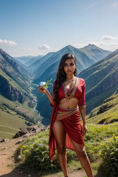 sharp focus, studio photo,complicated details,very detailed, smooth. In a beautiful mountain landscape, on a summer day, a beautiful young bengali woman holds a gentian, beautiful neon blue eyes,Full body from head to toe, slightly frightened, Red lips, pe...