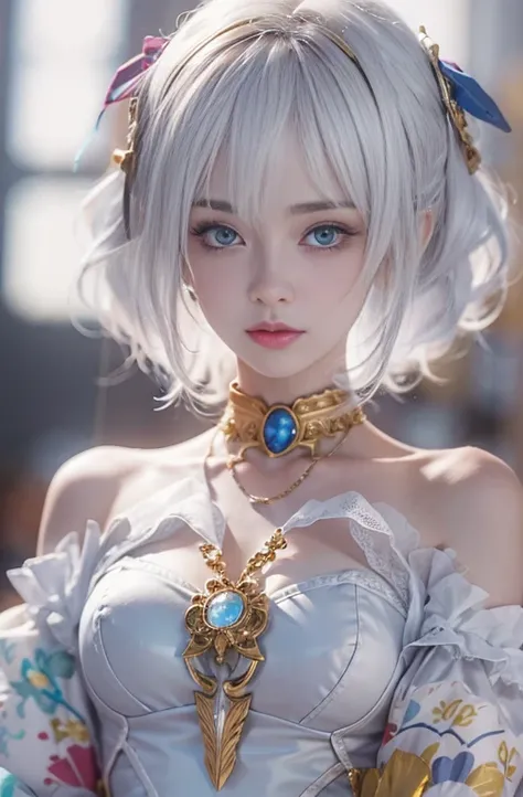 28 years old, Close-up portrait of a woman in a colorful clown costume、Shoulders out、thin、Serious expression、Short-haired、Deadly position, Gorgeous Necklace, Light milky porcelain skin, Smooth, Translucent white skin, Enchanting anime girl, Beautiful and s...