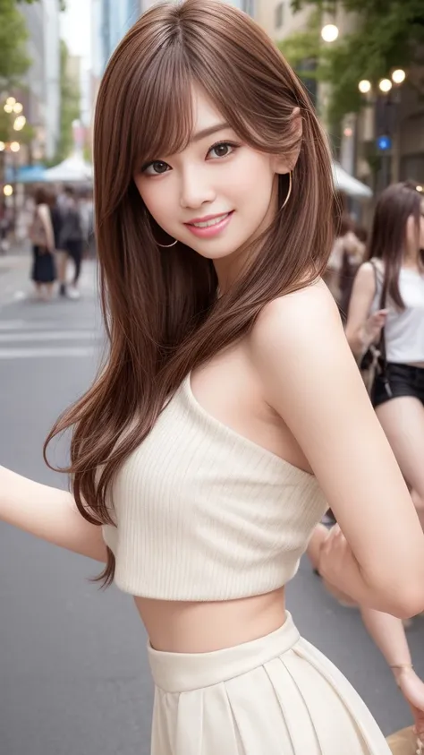 best quality、Natural lip shape、White skin、The light is very good、Beautiful Lights、((brown hair))、Parted bangs、Take off the shoulders、Big rift、Crop Top、mini skirt、Gorgeous accessories、Harajuku、Smile、かわいいSmile、Crowd of people in the city