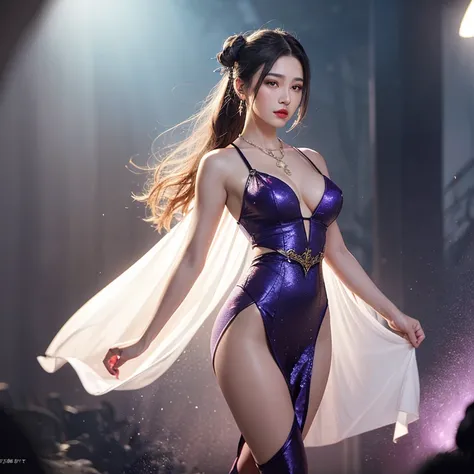 ((best quality)), ((masterpiece)), (detailed), Perfect face，Hanfu beauty, Thin purple silk shirt，White，Various textures, White蕾丝上衣, Platinum purple long ponytail, Hair accessories, earrings, Necklaces and necklaces, Carefully drawn large purple eyes, Detai...