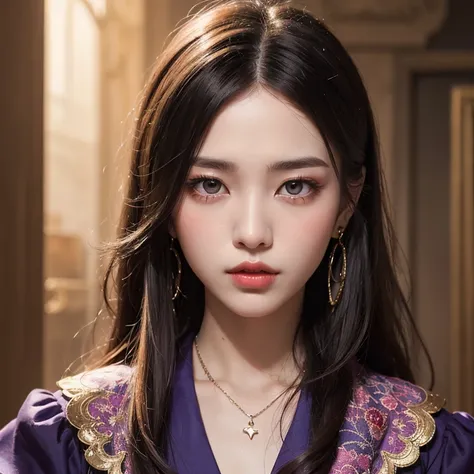 ((best quality)), ((masterpiece)), (detailed), Perfect face，Hanfu beauty, Thin purple silk shirt，White，Various textures, White蕾丝上衣, Platinum purple long ponytail, Hair accessories, earrings, Necklaces and necklaces, Carefully drawn large purple eyes, Detai...