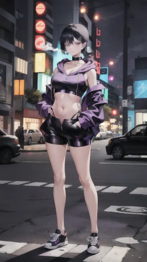 A badass woman smoking a cigarette on the street at night(White sneakers, Black hot pants, XL-size purple hoodie with belly button exposed, black choker, light gold ponytail, purple eyes)