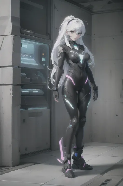 Beautiful girl full body photo Unreal Engine 5 8K UHD, white hair, Wearing a futuristic black tight combat suit, Half face cyberpunk mask, Futuristic Collar, white light details, make up, best quality, masterpiece