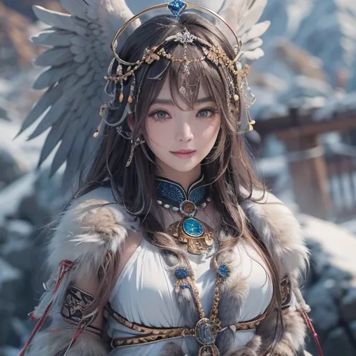 Hiding in the snowy mountains、Hair flow、 ((highest quality、masterpiece、8k、Best image quality、Ultra-high resolution、Award-winning works)、(Accurate anatomy:1.1)、(Look at me and smile:1.1)、Shining fair skin with Ultra-high resolution、The most detailed face、Ul...