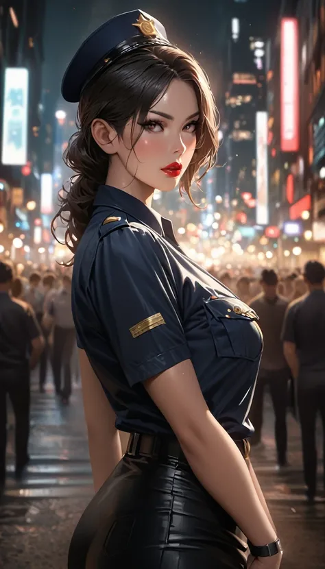 Solitary, (, Policewoman), , City Lights, (looking at the audience: 1.3), Lips parted, red lips, shiny skin, Skin Dimples, best quality, Ultra-high resolution, (realism: 1.4),  