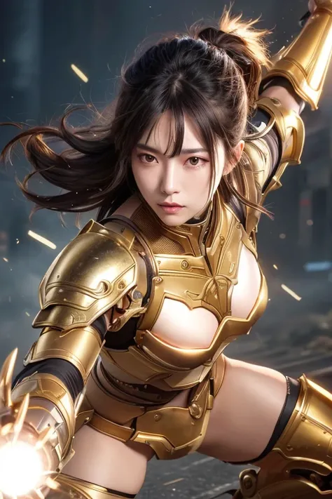 Digital Cyberpunk Art、highest quality、Ultra-high quality CG Unity 8K、Brown medium hair、One Japanese woman、Medium chest、(Shiny metallic armor)、((Wears gold mechanical armor with white LED lights))、desolate wasteland、(fighting stance)