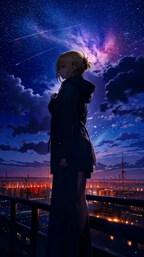 １people々々々々々々々々々々々々々々々々,Blonde long-haired woman，Hooded parka， Dress Silhouette， Rear View，Space Sky, comet, Anime Style, City night view from the rooftop，A pillar of light stretching into space，