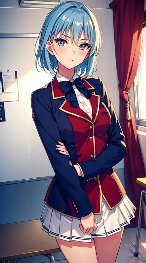 1 girl, short hair, light blue hair, Red , White skirt, Red Jacket, blush, smiling, happy, classroom of the elite 
masterpeace, best quality, (extremely detailed CG:1.4), highly detailed faces, glowing, sidelighting, wallpaper