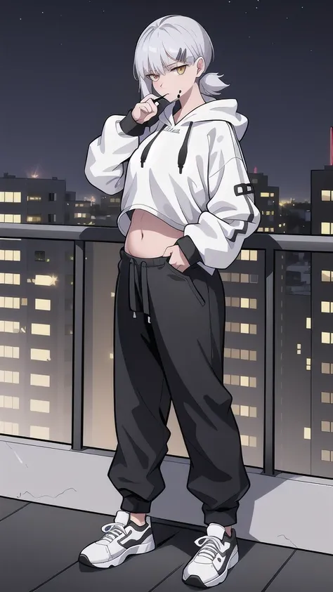 A badass woman smoking a cigarette while leaning on a railing on the rooftop above an apartment building at night(White sneakers, black sweats, XL-size hoodie with belly button exposed, Silver hair and golden eyes)