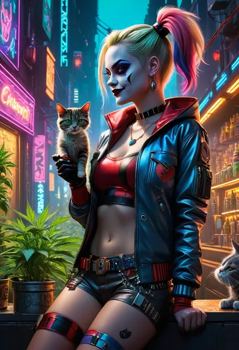 Create a ((top-notch quality)), ((masterwork)), ((true-to-life)),digital rendering that features the iconic character Harley Quinn from DC with cat in a captivating cyberpunk setting. Illustrate her enjoying cannabis goodness while seamlessly incorporating...