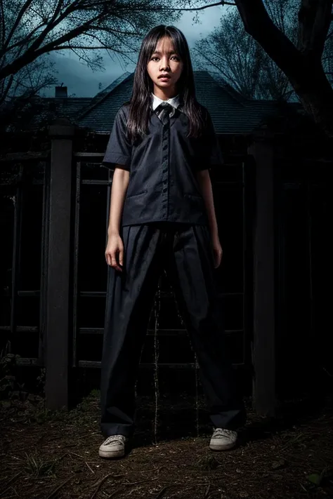 (pp clothes), from forehead, indonesia school girl, haunted house, horror, peeing pants, peeing self