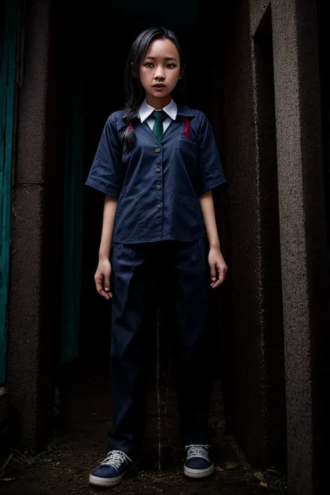 (pp clothes), from forehead, Indonesia school girl, haunted house, horror, peeing pants, peeing self