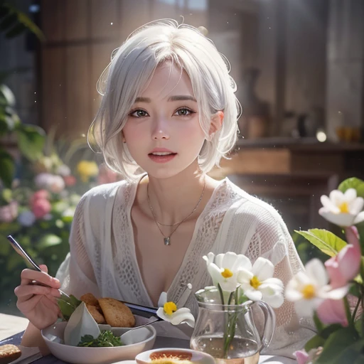 (masterpiece:1.3), (8k, Realistic, RAW Photos, Best image quality: 1.4), Fair-skinned fairy woman、short hair、Cleavage:2.0、Highly detailed face、Attention to detail、double eyelid、Sharp focus:1.2、Beautiful woman:1.4、Silvery white hair、highest quality、masterpi...