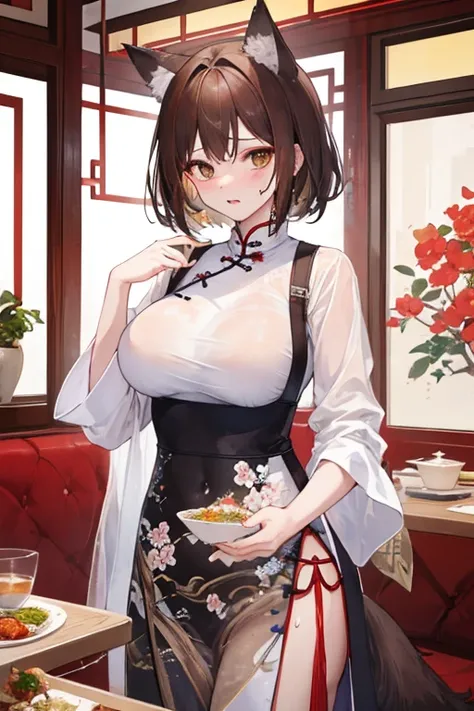 ((highest quality)), ((masterpiece)), (detailed), Perfect face brown hair　Wolf Cut　Cat ear　Very large breasts　Wearing a white cheongsam「Place々Contains a floral pattern」　Chinese restaurant　Sweating and wet clothes　Carrying food　He looks a little embarrassed