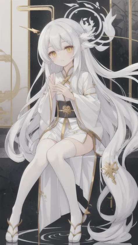 Long silver hair，white dragon horn，Golden Eyes，silver hanfu，white stockings