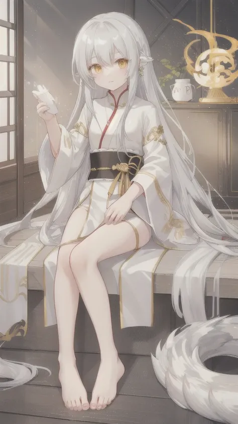 Long silver hair，White Dragon Horn，Golden Eyes，silver hanfu，barefoot