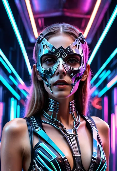 a woman wearing an exo-skeleton mask on a fashion runway, vibrant neon lighting, teenage model, intricate mechanical design, hig...