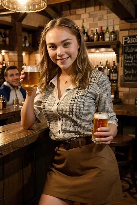 AnnaSophia Robb dressed in traditional German clothing in a bar holding a beer and smiling