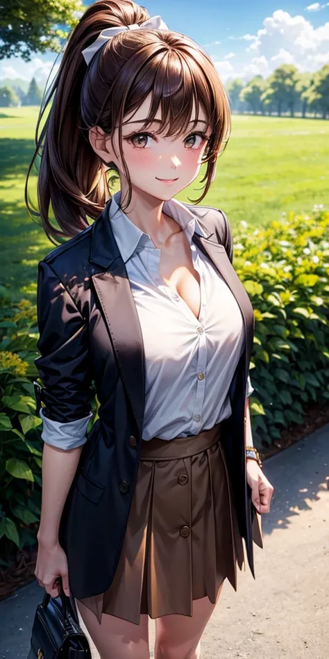 1girl, full body, solo, summer, village, trees, sun, clouds, ((brown hair)), ponytail, large breasts, ((black blazer)), button down shirt, ((white shirt)), ((short sleeved shirt)), ((unbuttoned shirt)), unbuttoning buttons, cleavage 1:3, brown eyes, skirt,...