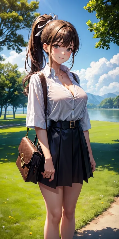 1girl, full body, solo, summer, village, trees, sun, clouds, ((brown hair)), ponytail, large breasts, ((black blazer)), button down shirt, ((white shirt)), ((short sleeved shirt)), ((unbuttoned shirt)), unbuttoning buttons, cleavage 1:3, brown eyes, skirt,...