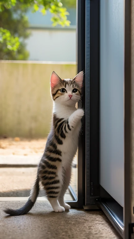 A little pretty cute kitten stands up and puts both hands up and grabs the water tank, puts its mouth to the tank and opens its mouth to drink water,Side view,indoor,