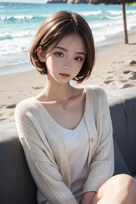 One Girl, highest quality, Realistic, alone, Written boundary depth, Natural light, Daytime, attractive, Beautiful Face, clean, Pure Face, Pale skin, cute, short hair, Beach, sunlight,Flat Chest, Small breasts, whole body, ((sweater,Beautiful Face)),