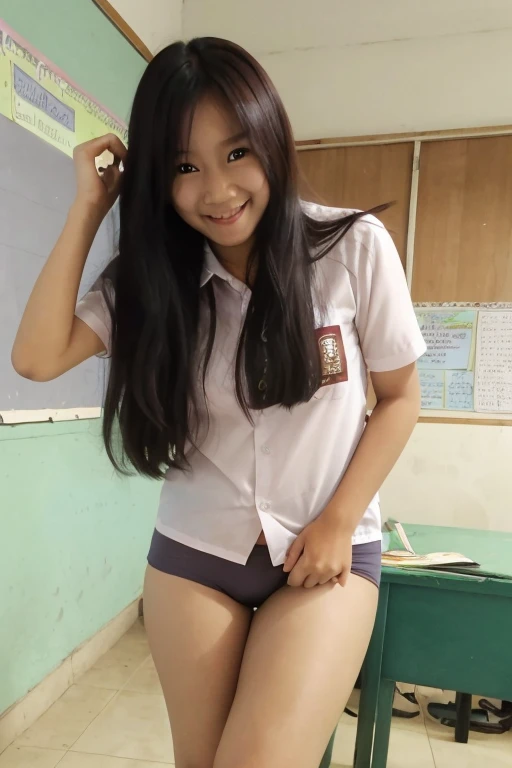 masterpiece, best quality, highres, female, 1girl, long hair, wearing indonesian high school, wearing panties, open legs, no skirt, smile, dynamic pose, good hand angle panties, classroom,