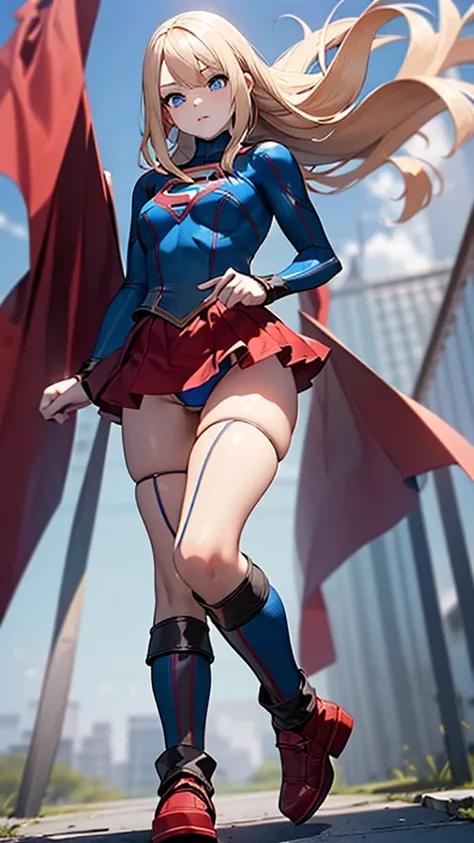 (full body), (masterpiece:1.2), (Highest_quality:1.2), (Ultra_detailed:1.3), 8k,Low - Angle，From below，Big Butt Girl, Medium chest, Pose in front,upright，Bare legs，Red Boots，3D Rendering,( Supergirl)，Blonde，Long Hair，Blue eyes，Red Skirt，the skirt is short,...