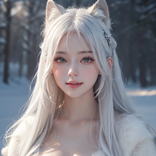 Heavy snowfall,Snowy mountains、White Wolf、 ((highest quality、masterpiece、8k、Best image quality、Ultra-high resolution、Award-winning works)、(Accurate anatomy:1.1)、(Look at me and smile:1.1)、Shining fair skin with Ultra-high resolution、The most detailed face、...