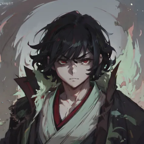 1 boy, personnage masculin basé sur demon slayer, illustrer dans un style artistique anime, he has slightly curly black hair and...