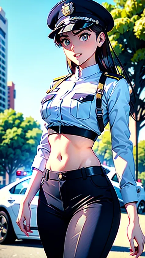 women in crop top police uniform, police  pants, showing navel, fat